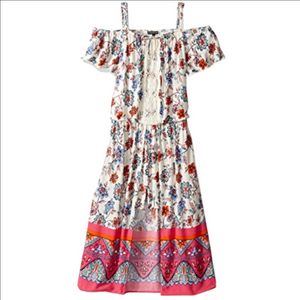 My Michelle Girls Floral Cold Shoulder Romper Maxi  Dress with Crochet